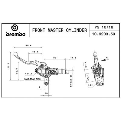 Pompa frizione / freno posteriore assiale Brembo PS 10 corpo argento leva argento regolabile con serbatoio