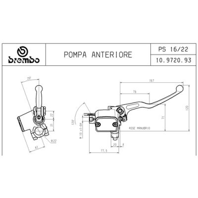 Pompa freno anteriore assiale Brembo PS 16 corpo nero leva argento con serbatoio e interruttore stop integrato