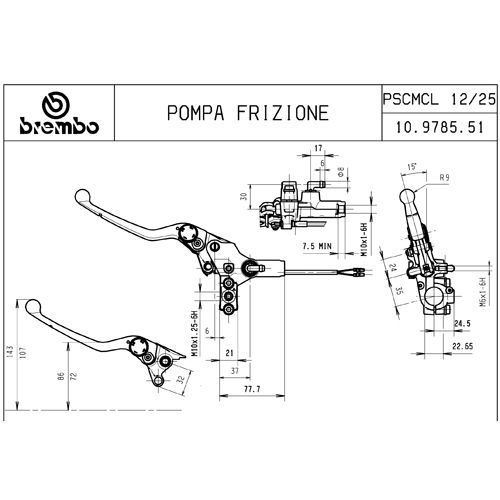 Pompa frizione assiale Brembo PSCMCL 12 corpo argento leva argento regolabile senza serbatoio con interruttore stop integrato