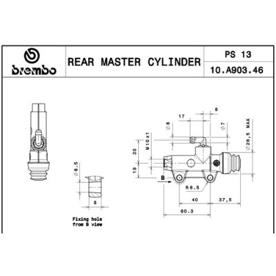 Pompa freno posteriore Brembo PS 13 titanio con interasse fori 40 mm, uscita dritta e raccordo serbatoio 90°