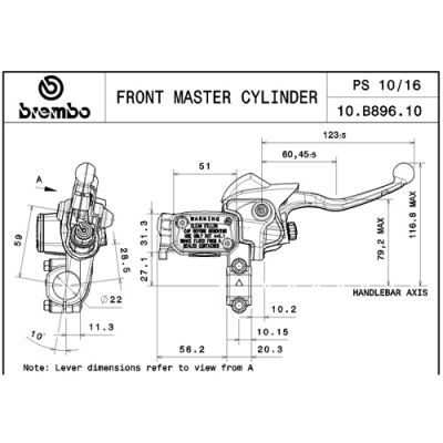 Pompa freno anteriore assiale Brembo PS 10 x 16 MX corpo argento leva argento regolabile con serbatoio