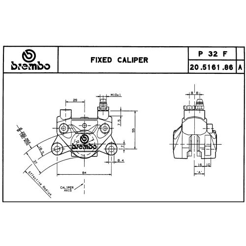 Pinza Freno Fissa Assiale Brembo P2 32 corpo argento 2 pistoncini 32 mm interasse fori 84 mm