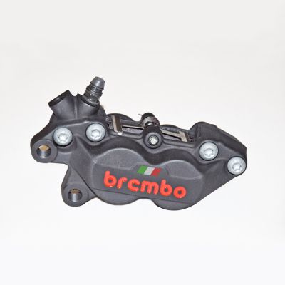 Pinza Freno anteriore fissa assiale Brembo P4 30/34 SX corpo nero con tricolore 4 pistoncini 30 mm/34 mm interasse fori 40 mm