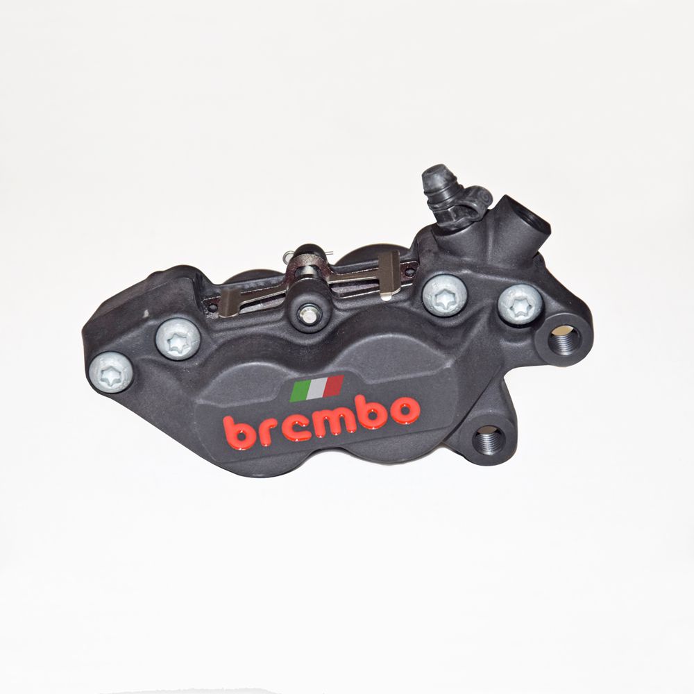 Pinza Freno anteriore fissa assiale Brembo P4 30/34 DX corpo nero con tricolore 4 pistoncini 30 mm/34 mm interasse fori 40 mm