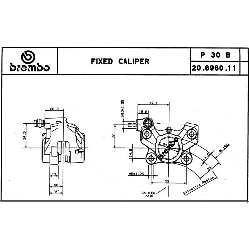 Pinza Freno Fissa Assiale Brembo P2 30 SX corpo oro 2 pistoncini 30 mm interasse fori 52 mm