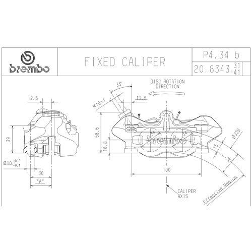 Pinza Freno Anteriore Fissa Radiale Brembo P4 34 DX corpo argento 4 pistoncini 34 mm interasse fori 100 mm