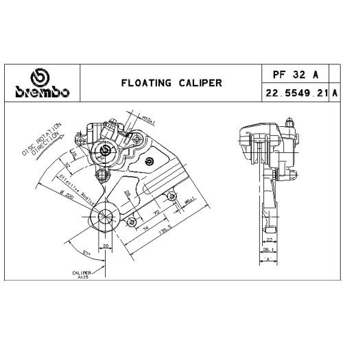 Pinza Freno Flottante Assiale Brembo PF 32 corpo argento 1 pistoncino 32 mm interasse fori 70 mm