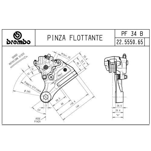 Pinza Freno Flottante Assiale Brembo PF 34 DX corpo argento 1 pistoncino 34 mm interasse fori 144 mm