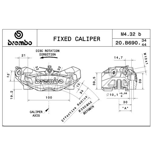 Pinza Freno Anteriore Fissa Radiale Brembo M4 32 DX corpo oro 4 pistoncini 32 mm interasse fori 100 mm
