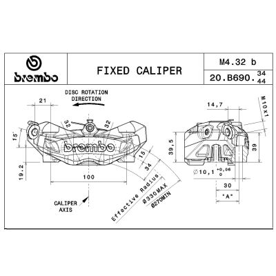 Pinza Freno Anteriore Fissa Radiale Brembo M4 32 DX corpo oro 4 pistoncini 32 mm interasse fori 100 mm