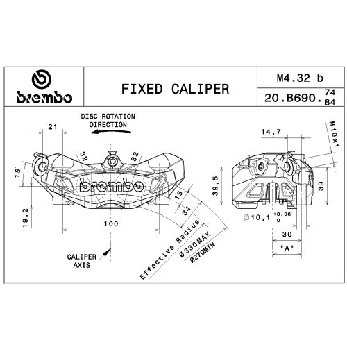 Pinza Freno Anteriore Fissa Radiale Brembo M4 32 SX corpo titanio 4 pistoncini 32 mm interasse fori 100 mm