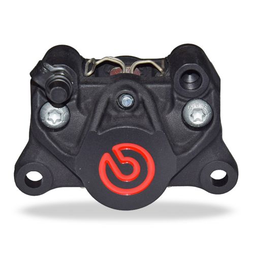 Pinza Freno Fissa Assiale Brembo P2 34 SX corpo nero con logo rosso 2 pistoncini 34 mm interasse fori 84 mm