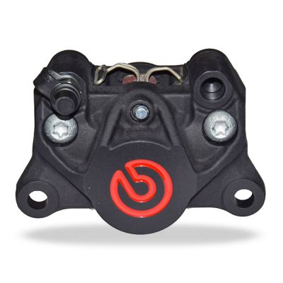 Pinza Freno Fissa Assiale Brembo P2 34 SX corpo nero con logo rosso 2 pistoncini 34 mm interasse fori 84 mm