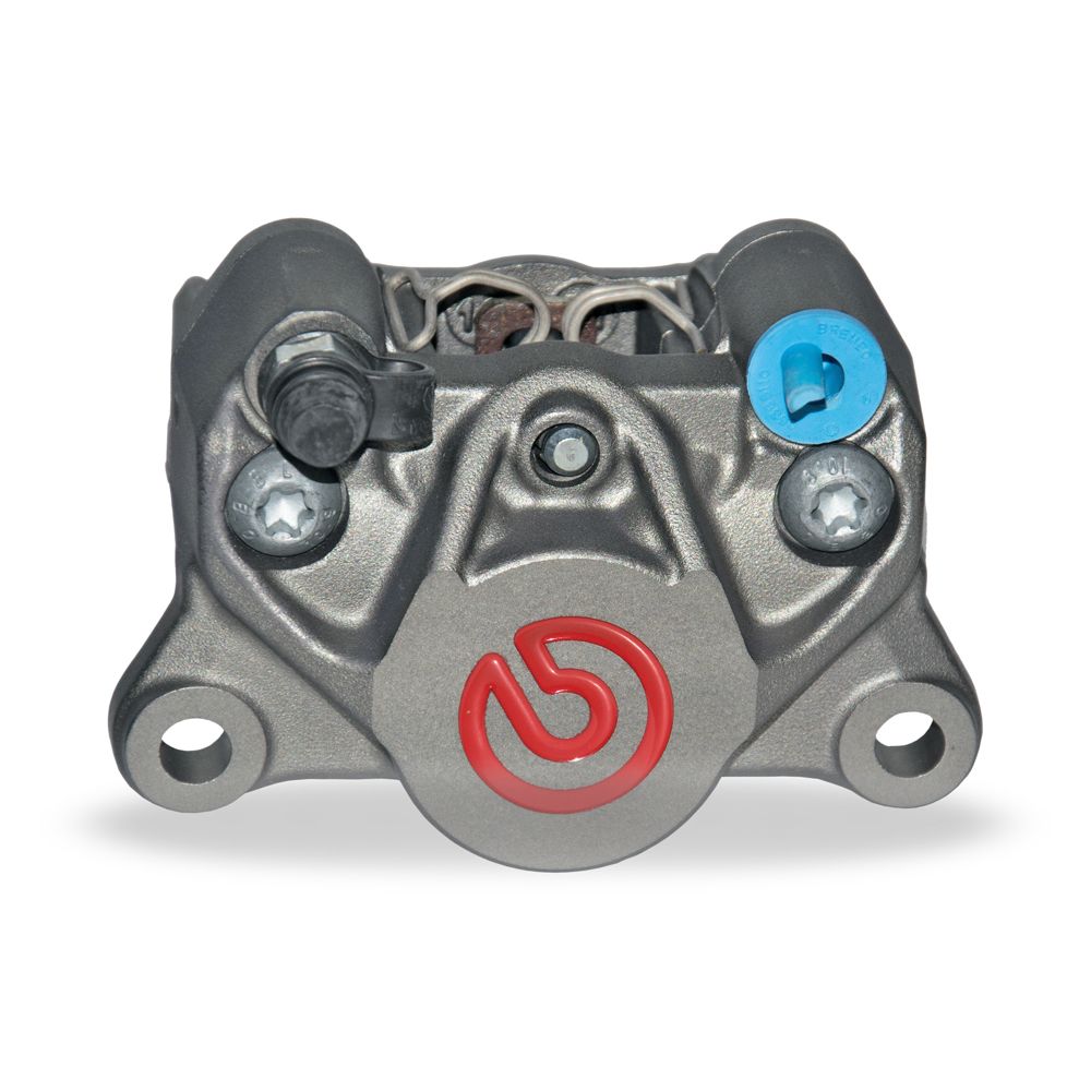 Pinza Freno Fissa Assiale Brembo P2 34 SX corpo titanio con logo rosso 2 pistoncini 34 mm interasse fori 84 mm