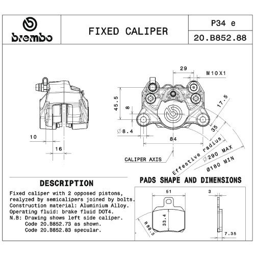Pinza Freno Fissa Assiale Brembo P2 34 DX con logo rosso corpo titanio 2 pistoncini 34 mm interasse fori 84 mm