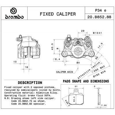 Pinza Freno Fissa Assiale Brembo P2 34 DX con logo rosso corpo titanio 2 pistoncini 34 mm interasse fori 84 mm