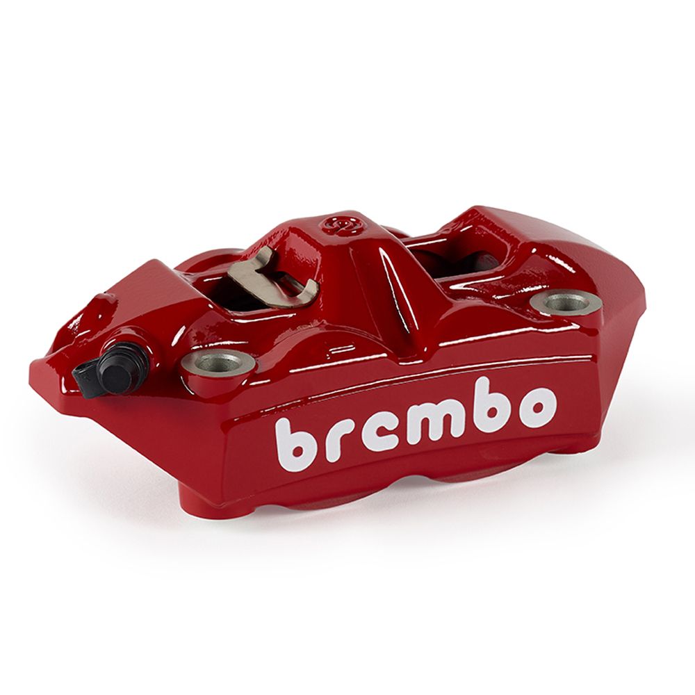 Pinza Freno Anteriore Fissa Radiale Brembo RACING M4 SX corpo rosso con logo bianco 4 pistoncini 34 mm interasse fori 100 mm