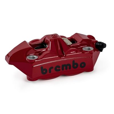 Pinza Freno Anteriore Fissa Radiale Brembo RACING M4 SX corpo rosso con logo nero 4 pistoncini 34 mm interasse fori 100 mm