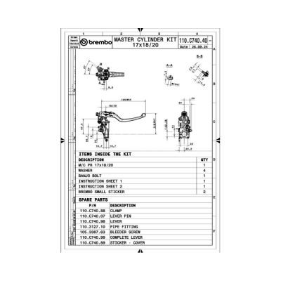 Pompa freno anteriore radiale con leva corsa a vuoto regolabile BREMBO 17RCS CORSACORTA