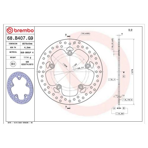 Disco Freno Posteriore BREMBO 68B407G9 Serie Oro Fisso Tondo BMW LC