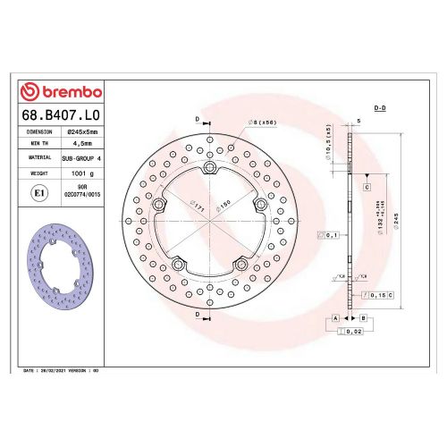 Disco Freno Posteriore Tondo Fisso BREMBO 68B407L0 SERIE ORO
