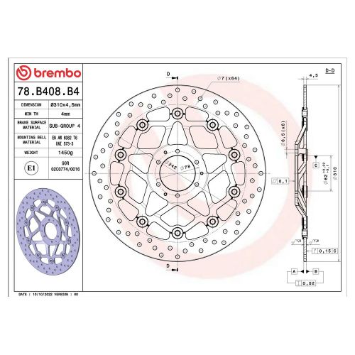Disco Freno Anteriore Tondo Flottante BREMBO 78B408B4 SERIE ORO