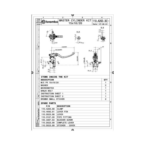ompa freno anteriore radiale forgiata Brembo 15RCS con leva snodata e interruttore stop
