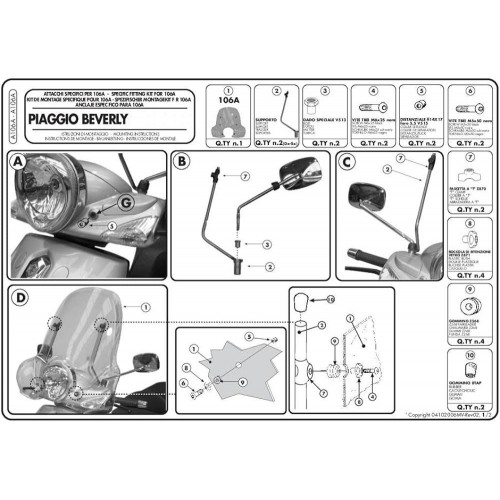 Kit Parabrezza Trasparente GIVI 106A + A106A per Piaggio Beverly 500 e Tourer