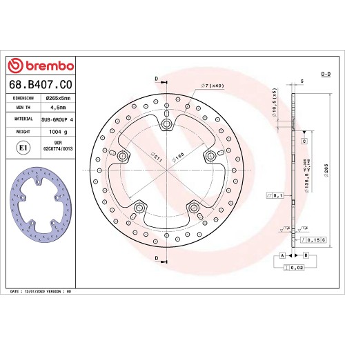 Disco Freno Posteriore BREMBO 68B407C0 Serie Oro Fisso Tondo BMW