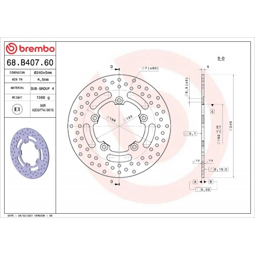 Disco Freno Posteriore BREMBO 68B40760 Serie Oro Fisso Tondo