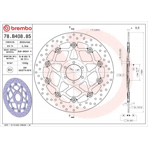 Disco Freno Anteriore BREMBO 78B40885 Serie Oro Flottante Tondo