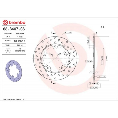 Disco Freno Posteriore BREMBO 68B407G6 Serie Oro Fisso Tondo
